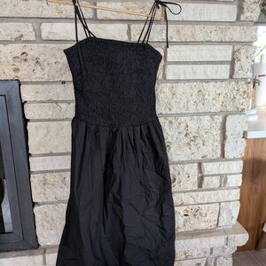 Astr Black Smocked Midi Dress with Spaghetti Straps